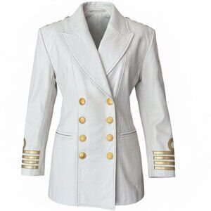 Vintage Michael Hoban North Beach White and Gold Leather Military Jacket S 7/8